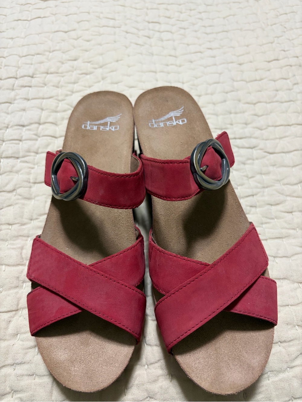 Dansko Women's Red Suede Buckle Slide Sandals